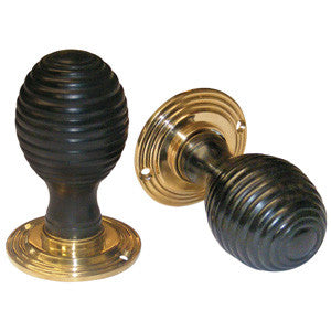 Natural ebony reeded mortice door knob set 47mm diameter - ABC Ironmongery